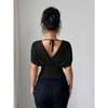 Women Solid Deep V Neck Short Sleeve Cinched Waist Sexy Casual Fitted Top