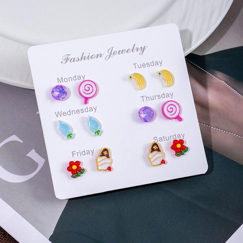 Delicate Small Fresh Week Stud Earrings Set Cute Cartoon Candy Watermelon Butterfly Imitation Silver Needle Small Daily Earrings