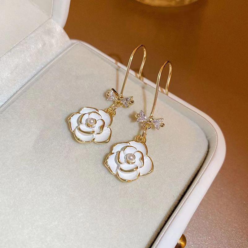 French Camellia Bow Pearl Stud & Dangle Earrings for Women - High-End Niche Design