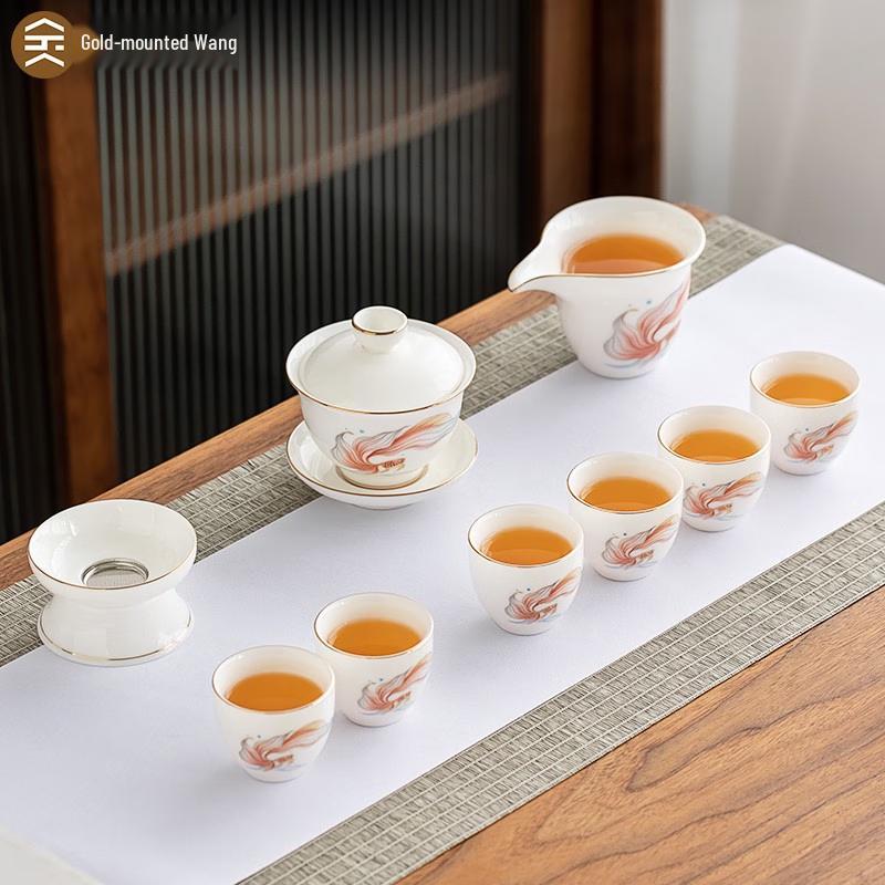 Zisha Tea Set with Gold-Inlaid Jade Design