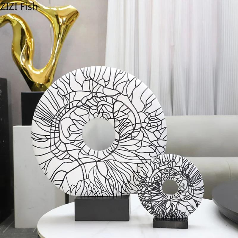 Abstract Black Lines Circular Ring Ornaments Desk Decoration Modern Crafts Creative Resin Ring Statue Room Aesthetic Decor