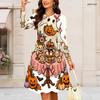 Women Plus Size Round Neck Long Sleeve Flared Dress Gothic Raven Pumpkin Rose Print Halloween Autumn Casual Dress