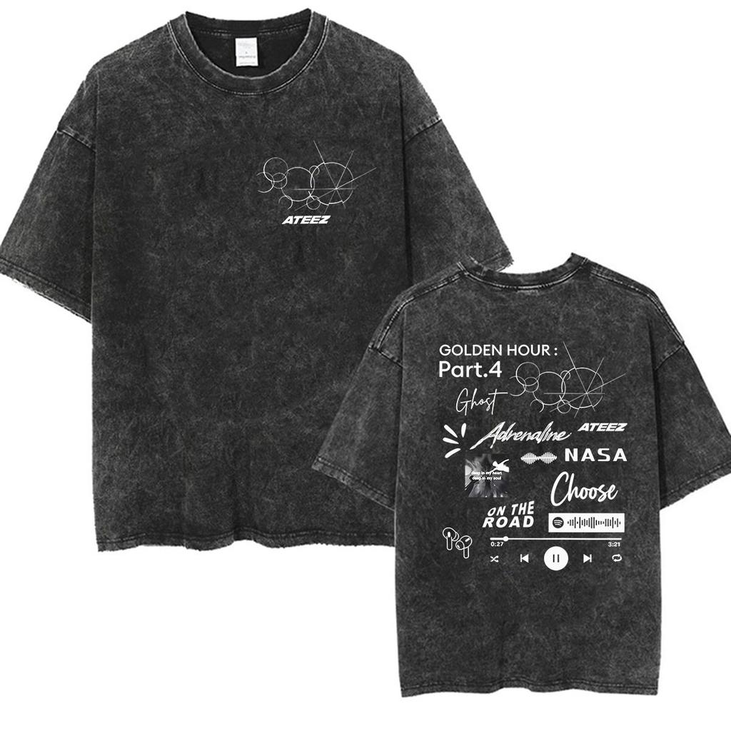 Vintage Washed Ateez Yunho Kpop Band Album 2026 TShirt Mens Women Hip Hop Loose Korean Fashion Short Sleeve T Shirt Streetwear