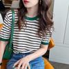 Ice Silk Short-Sleeve Knit Striped T-Shirt for Women, Plus Size Korean Style Summer Chic Top