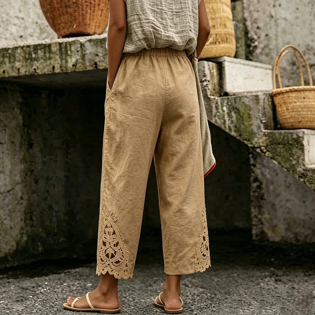 Women's Casual Straight Leg Pants with Elastic Waist and Lace Trim - Color Loose Fit
