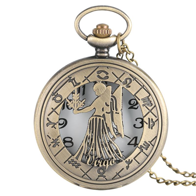 12 Constellation Astrology Zodiac Retro Pocket Watch Bronze Necklace Pendant Mens Women Hollow Flip Cover Quartz Christmas Gifts