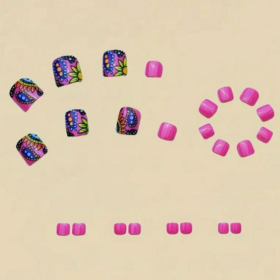 European-American Pink Floral Press-On Toenails - Short Square & Removable