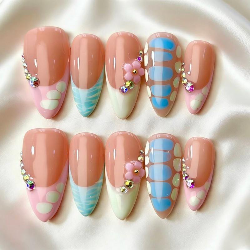 Pink Cherry Blossom Gradient Ice-Transparent Carved Detachable Handmade Press-On Nails Women AW1233