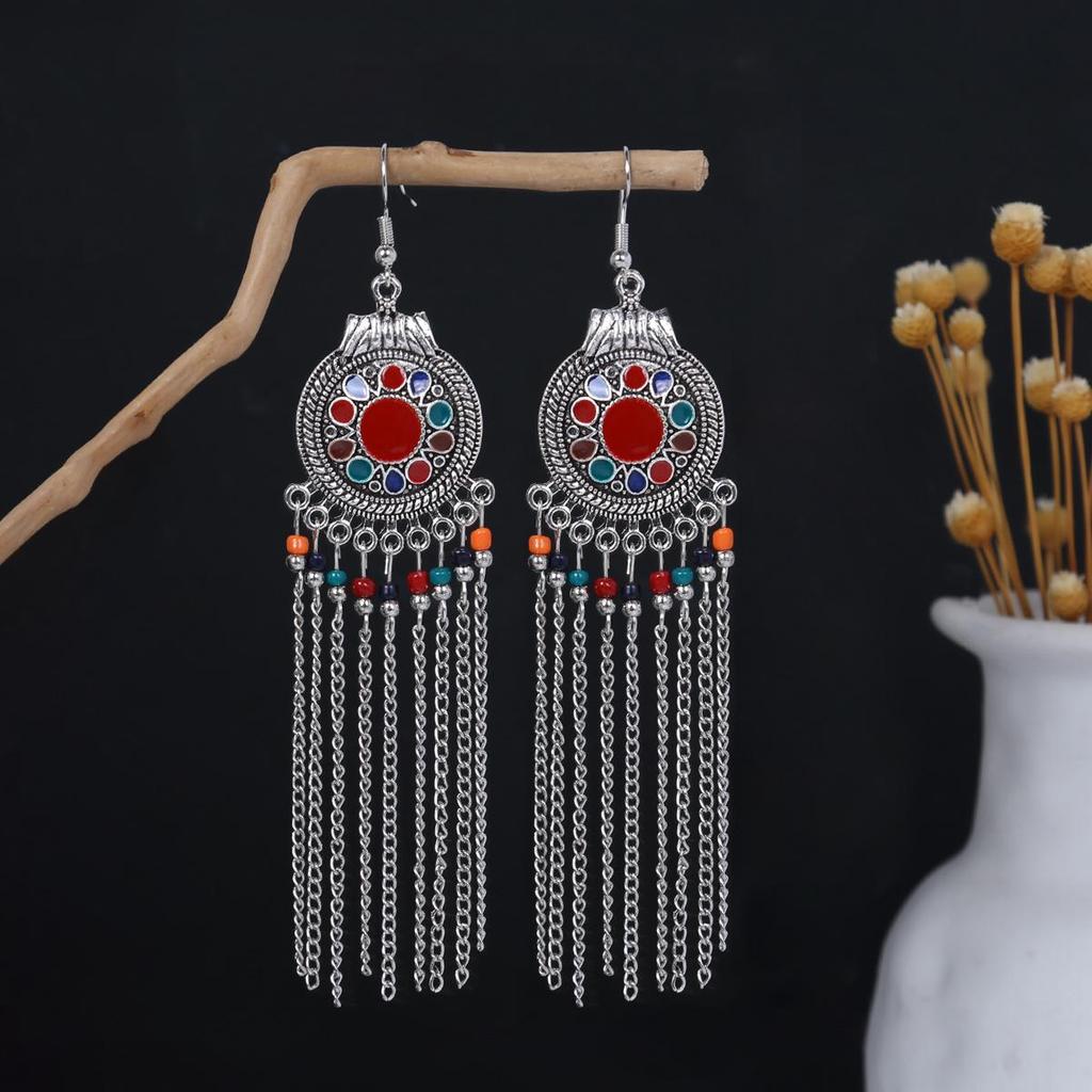 Bohemian Ethnic Oval Tassel Earrings with Beads