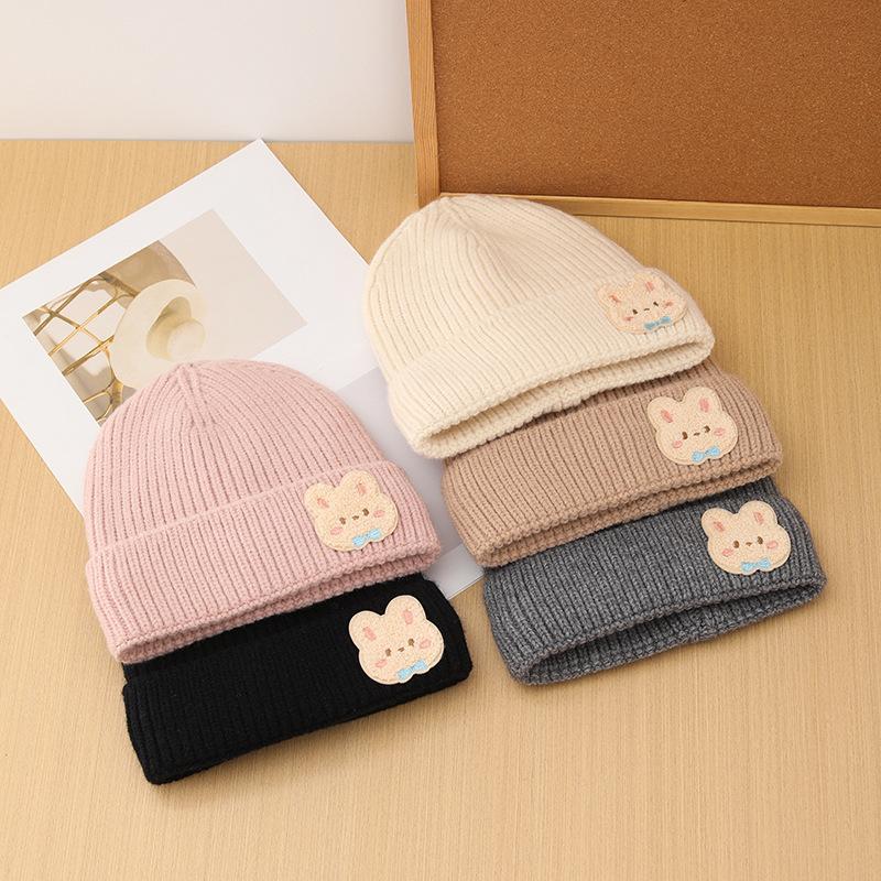 Korean Style Autumn and Winter Label Rabbit Woolen Hat for Women with Velvet and Thickening To Keep Warm Fashionable Knitted Hat Cold Hat
