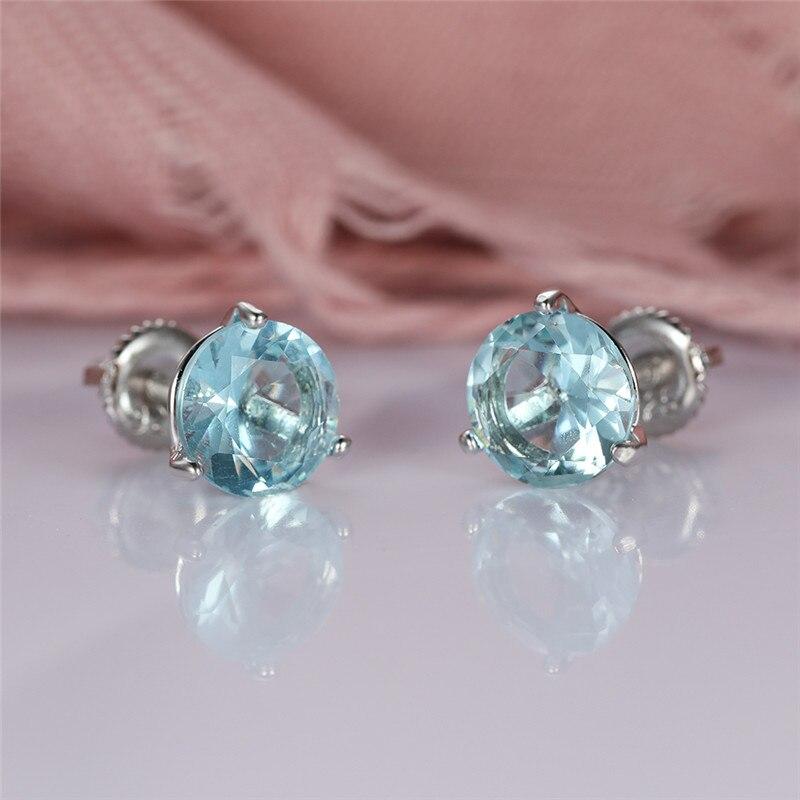 Light Blue Round Gemstone Stud Earrings Retro Modish Stylish Women Adorable Aquamarine  Color Cubic Zircon Screw Back