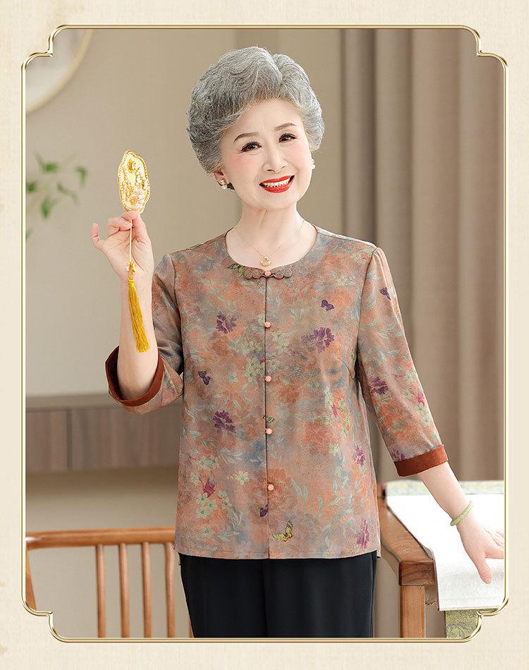 Silk Short-Sleeve Tang Shirt for Elderly Women