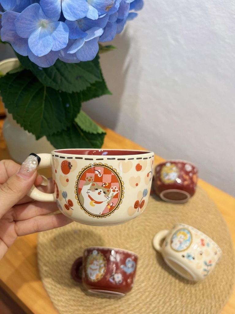 Retro cute lucky meow cup ceramic kitten coffee cup breakfast cup flower tea cup