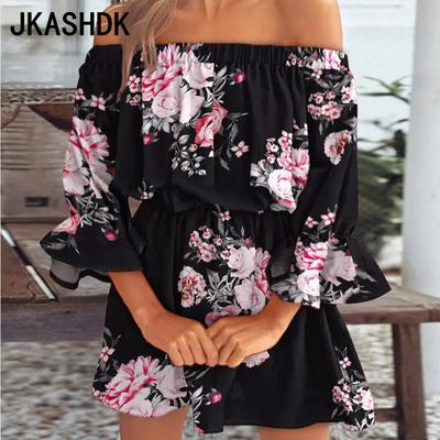 Abiti casual a vita alta con stampa a maniche corte e monospalla, moda primavera estate da donna
