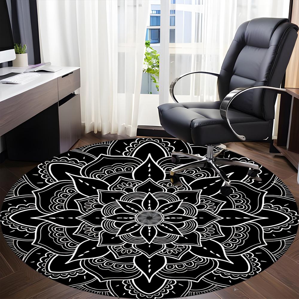 1pc Black Mandala Chair Carpet for Office, Round Non Slip Durable Large Size Office Carpet, Suitable for Office