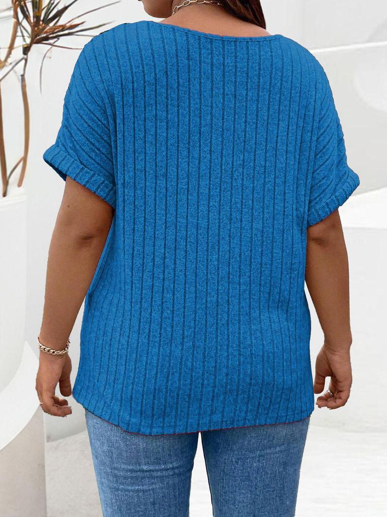 2025 Spring/Summer Plus Size Women's Solid Color Zipper Short Sleeve Loose Pullover Top
