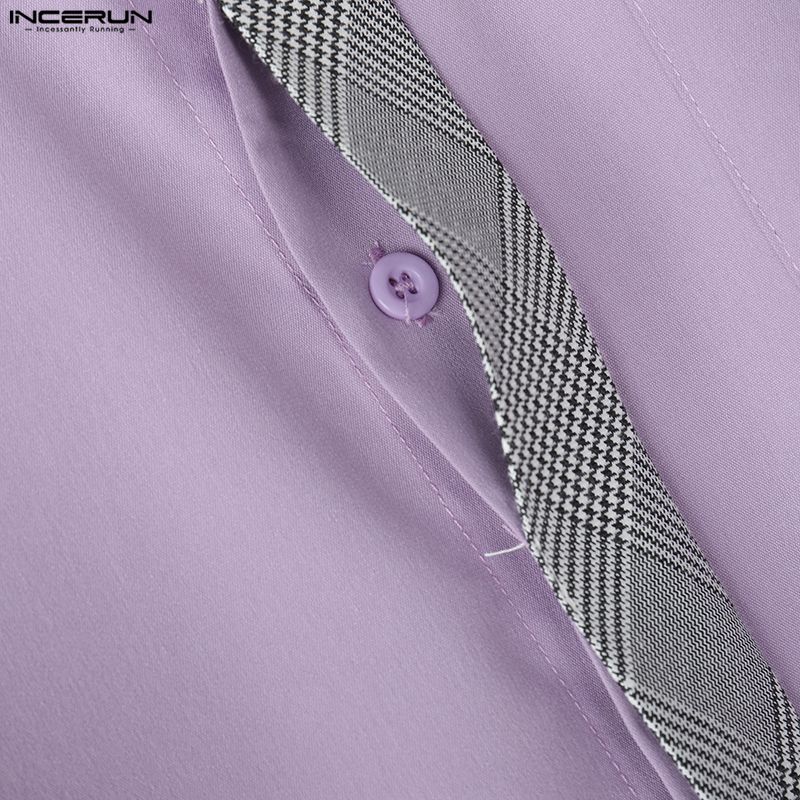 INCERUN Oversized Men Casual Loose Striped Print Patchwork Long Sleeve Shirts Tops