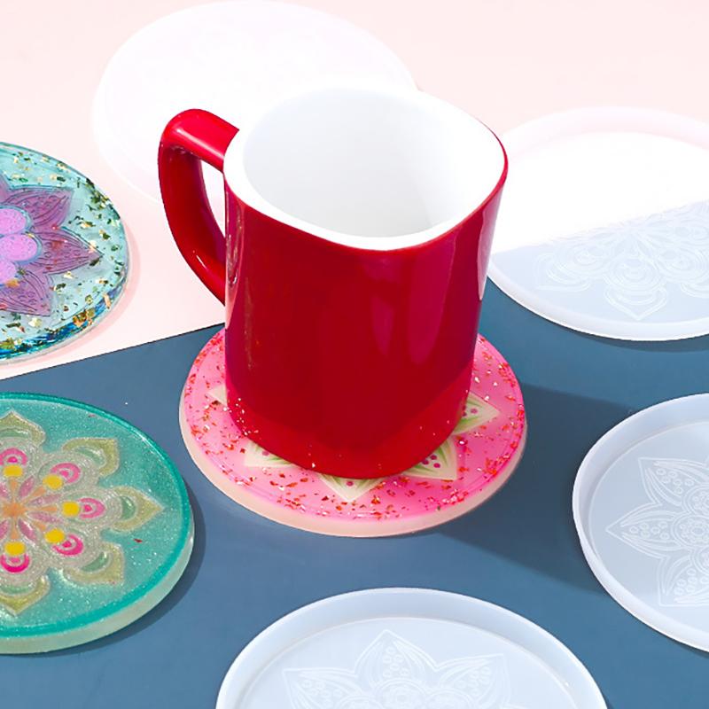 WTEMPO Epoxy Resin Embossing Molds Set DIY Bohemian Style Coaster Making Molds Creative Patterned Silicone Molds Circular Groove Teacup Mats Molds