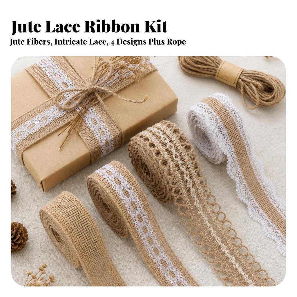 4 Rolls Jute Lace Ribbon with Twine Textured Burlap Trim Environmentally