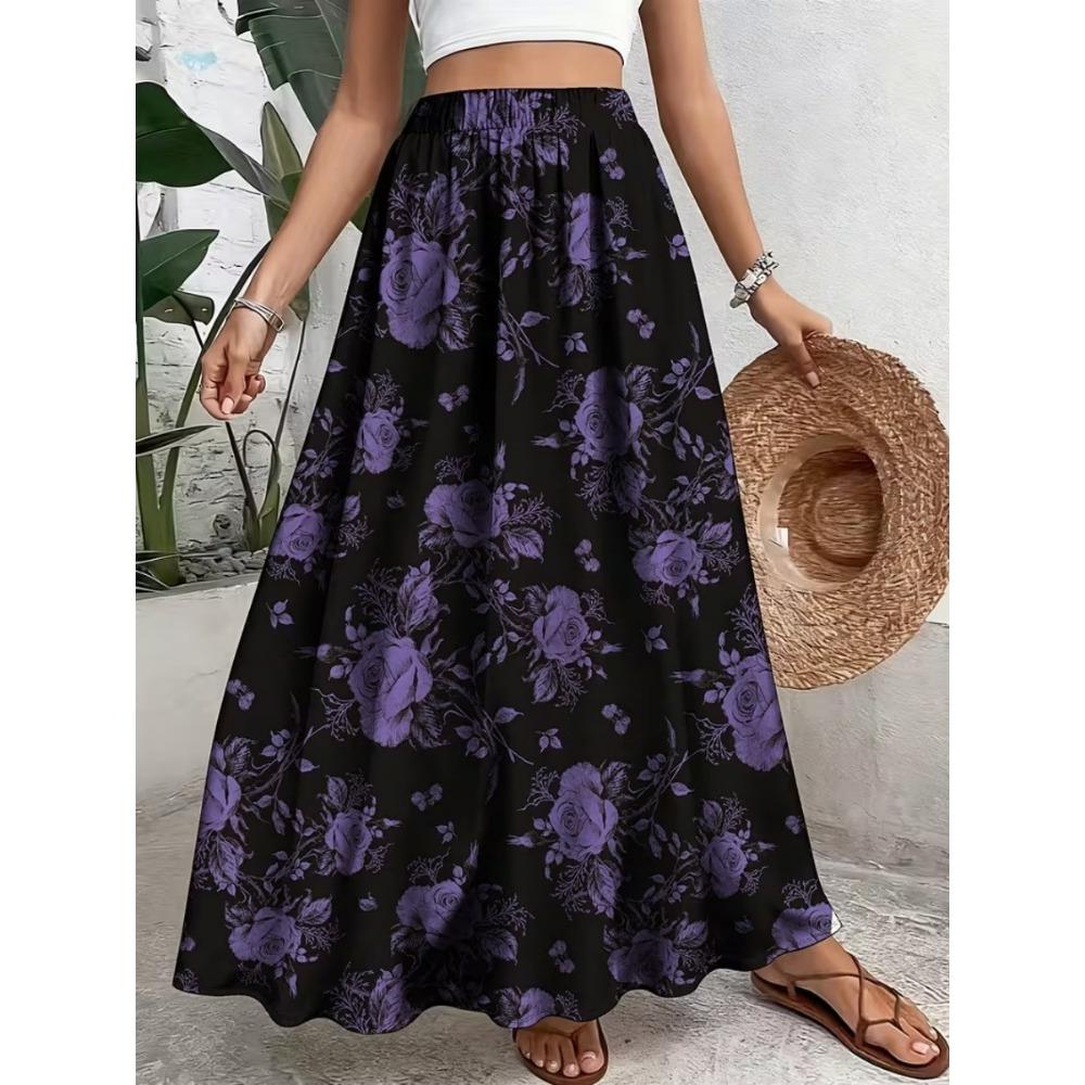Women's Colorful Flower Printed High Waist Skirt Swing Skirt Elastic High Waist Flower Elegant Party Skirt