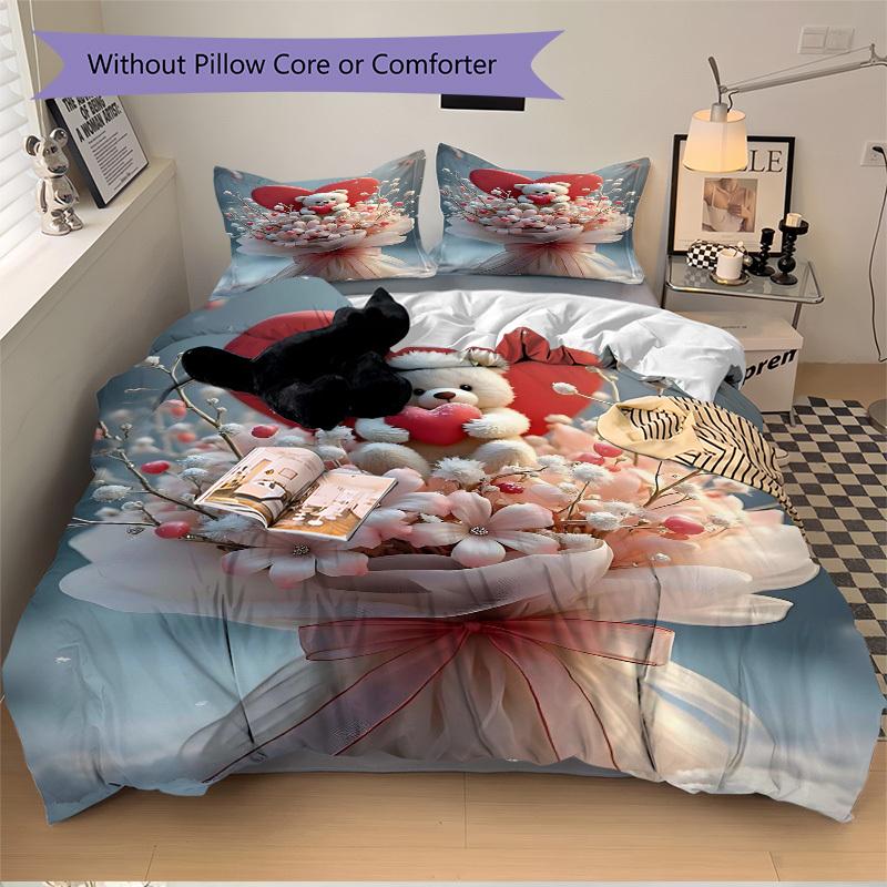 

3 шт. Аниме Мишка Тедди Сердце Букет Комплект Постельного Белья - Включает Один Пододеяльник и Две Наволочки (Нет ядра) - Полиэфирная ткань, идеально подходит для кровати 135x200cm