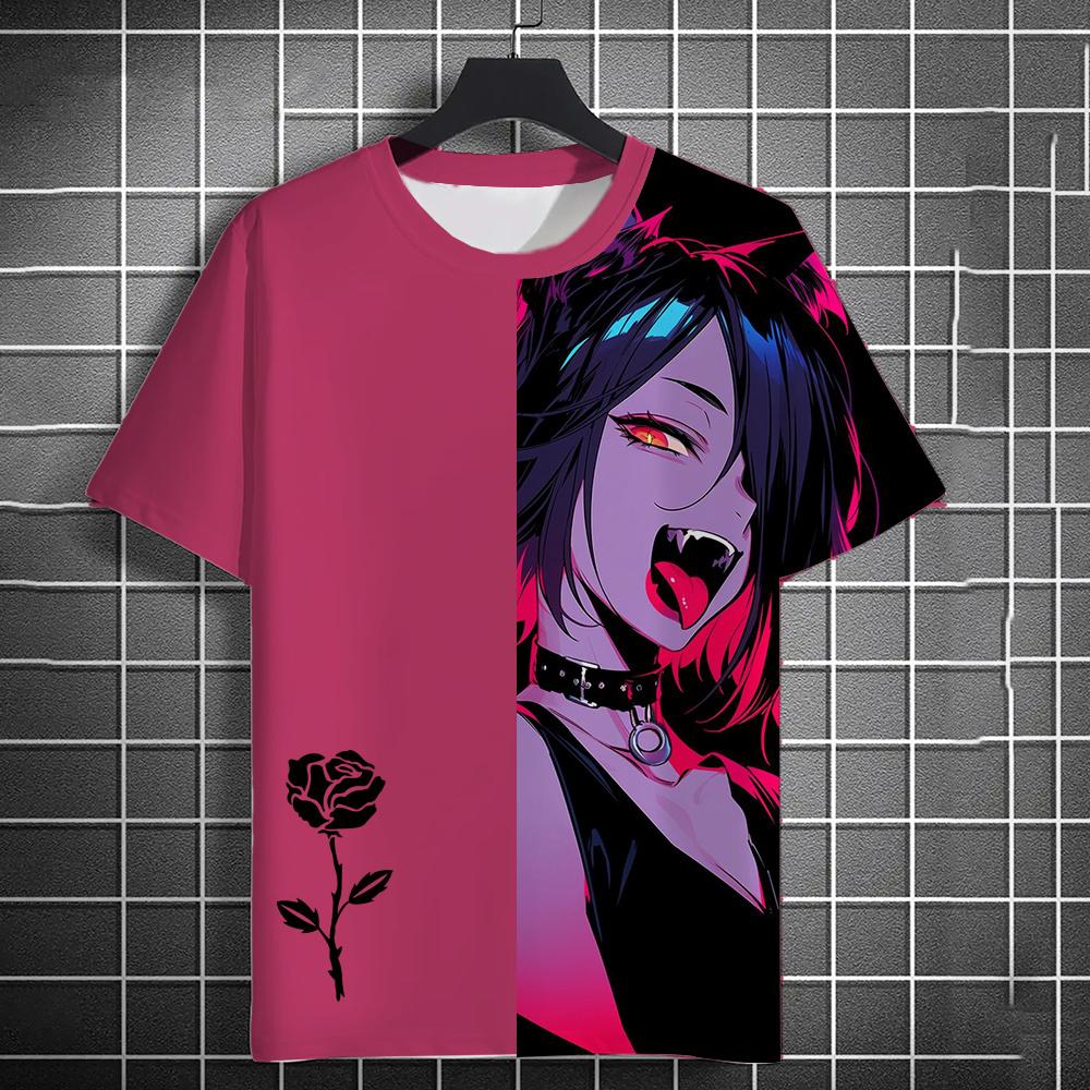 Summer Anime Girls Rose 3D Print T-Shirts Streetwear Men Fashion Oversized O-Neck Short Sleeved T Shirt Tees Tops Clothing