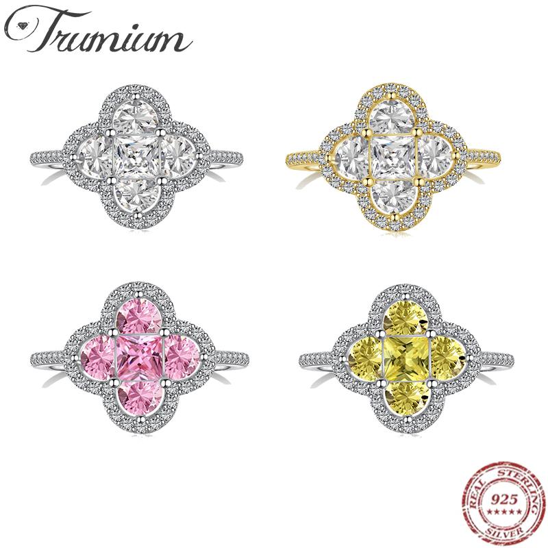 Trumium Äkta S925 Silver Fyraklöverringar för Kvinnor Lyckoring Glänsande 5A Zirkon Daglig Lyx Smycken Gåvor Dam Fest Bankett