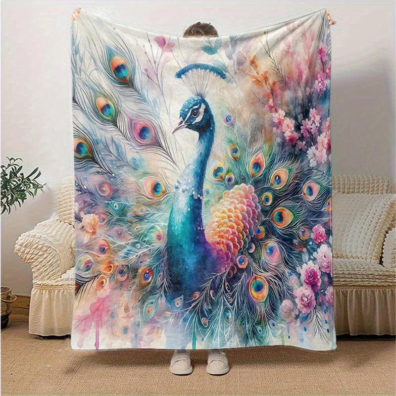 1pc Colorful Peacock with Feathers Spread Amidst Flowers and Nature's Beauty Blanket  Soft, Travel Use, Living Room, Travel, Camping, Car Blankets