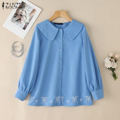 Blusa Feminina Casual com Gola Peter Pan, Solta, Manga Longa e Estampada