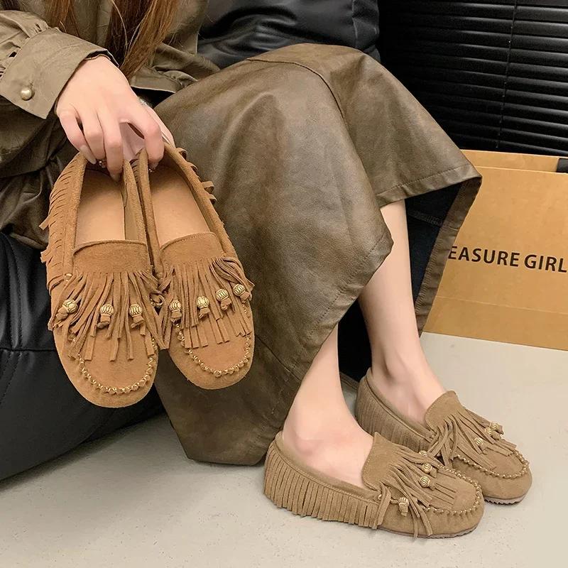 Fashion Flats Luxury Summer All-match Flat Bean Shoes Slip-on Lazy Women's Shoes Soft Soles Shallow Mouth Retro Tassel Women's Shoes