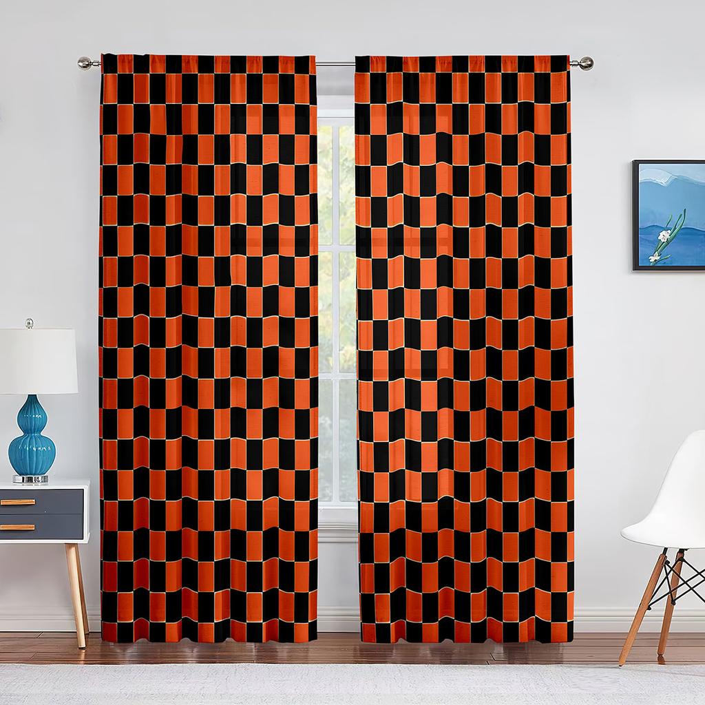 Black and White Groovy Checkerboard Sheer Voile Curtain Abstract Psychedelic Window Tulle Curtains for Living Room Bedroom Decor