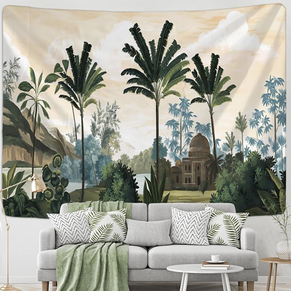 Grön Papegoja Tapestry Havssida Skog Växter Vägghängning Hippie Tapiz Konst Estetik Sovsal Väggdekor
