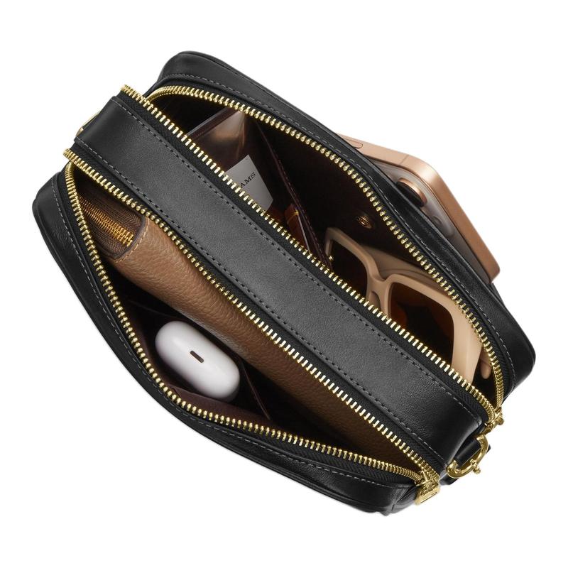 Coach Shoulder Bag CAREY 22 Gold Logo Double Zipper Closure Detachable Handle Strap Built-in Buckle Pocket Cow Leather Camera Small Women's Black