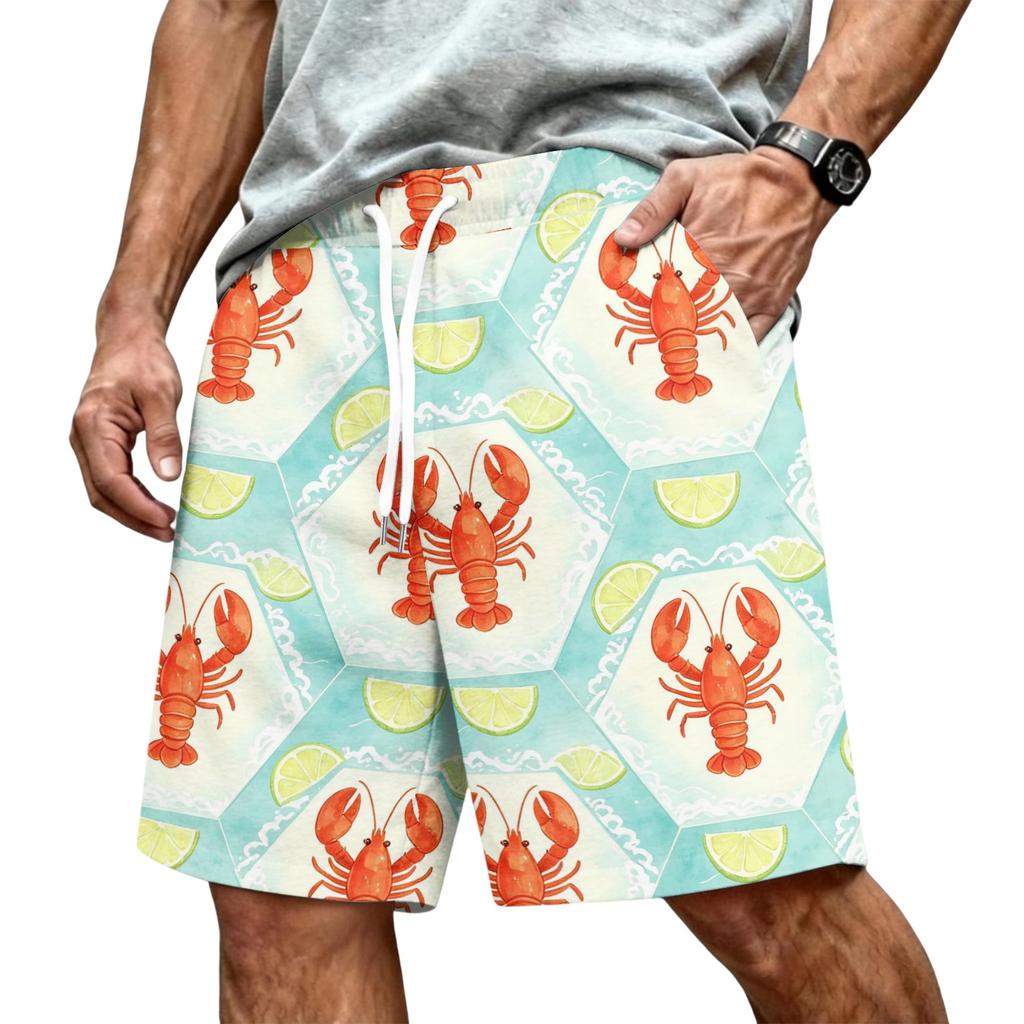 Men's Hawaiian Print Mesh Shorts with Drawstring Elastic Waist for Summer Beach and Casual Wear