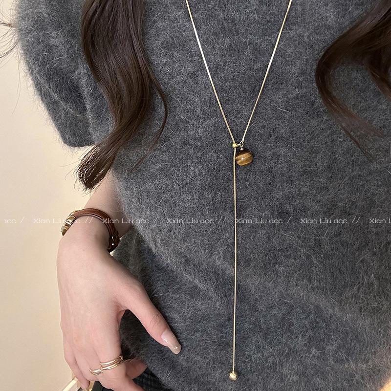 Catena Lunga per Maglione in Pietra Occhio di Tigre - Collana di Lusso Autunno/Inverno 2024 per Donna