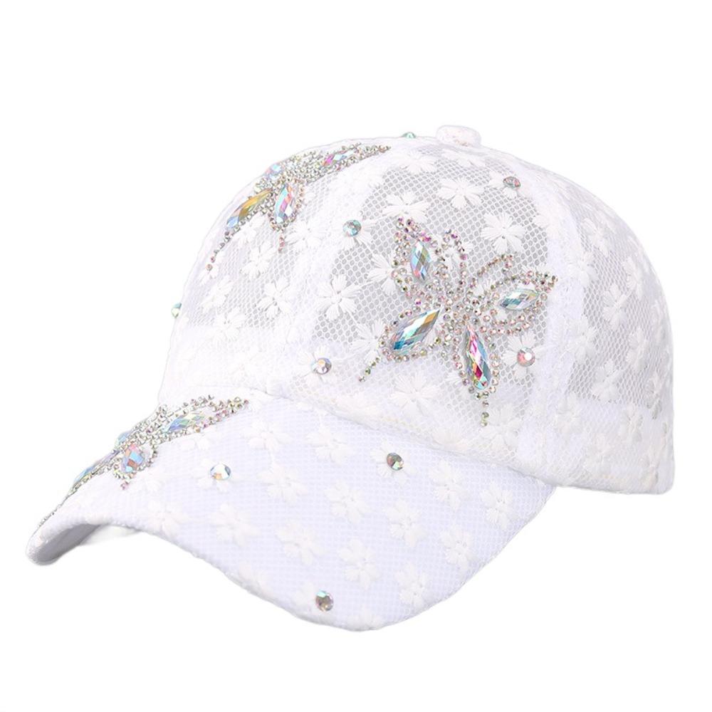 

Rhinestone Visors Cap Butterfly Mesh Peaked Hat Fashion Flower Baseball Cap Girls білий