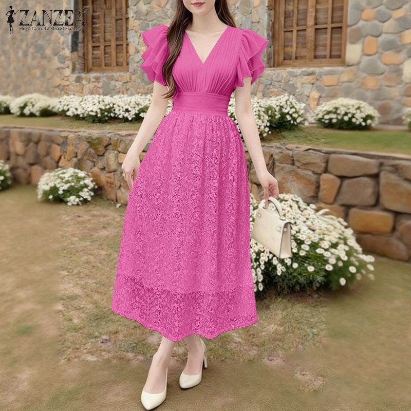ZANZEA Women Casual V-Neck Ruffles Short Sleeve Elegant Lace Dress