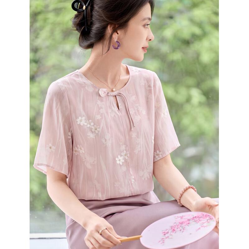 Ou Di Fu Women s Retro Floral Print Short Sleeve Blouse L розовый