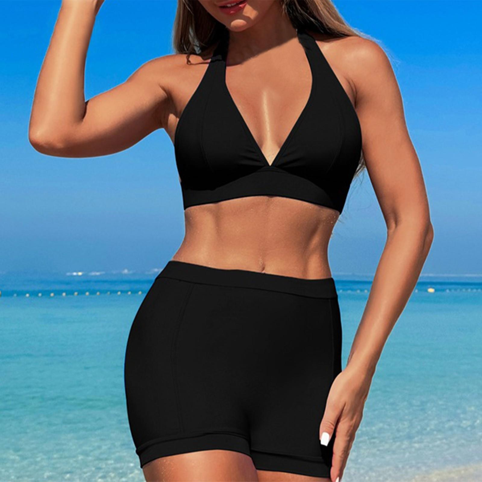 

Women s Sexy Two-piece Swimsuit Bikini Strap Back Swimsuit With Steel Bracket Breast Pad L чёрный
