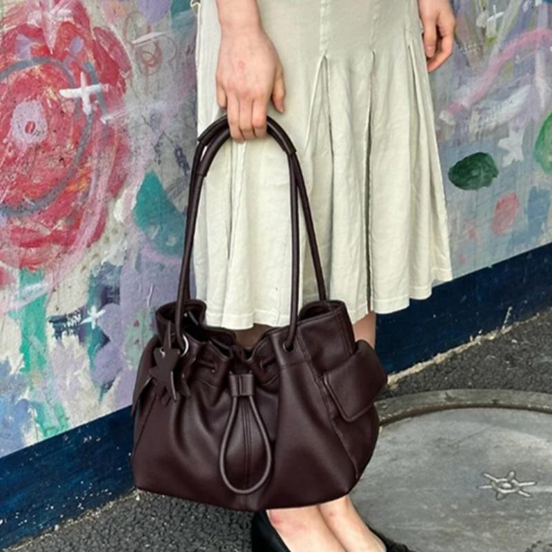 Women's Retro Drawstring Shoulder Bag Korean Style New Fashion Tote Bag Lychee-pattern Brand Handbag Large Simple Soft Cloud Bag