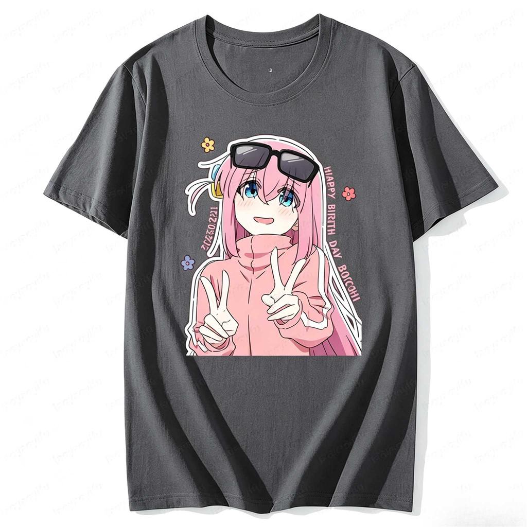 Men Women Bocchi The Rock Hitori Gotoh Birthday Peace Sign T Shirt Unisex Oversized Anime Girl Print Short Sleeve Tee Casual Street Daily Wear