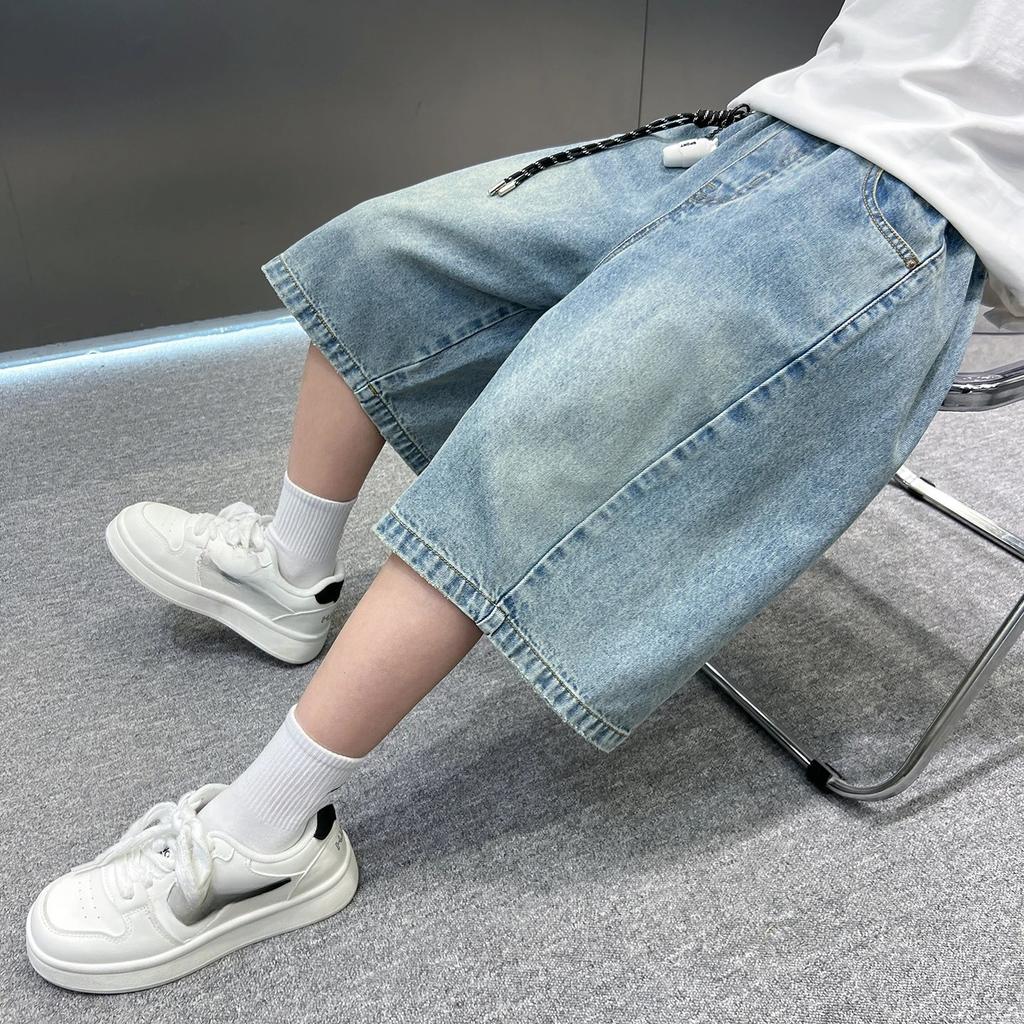 Sommer Kinder Kind Lässig Retro Blaue Jeansshorts für Jungen Baggy Jeans Capris Knielange Hosen Größe