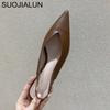 Fashion SUOJIALUN Fashion Brand Sandals Mules Women Shallow Mouth Pointed Toe Shoes Low Heel Slip On Slides Slipper Shoes