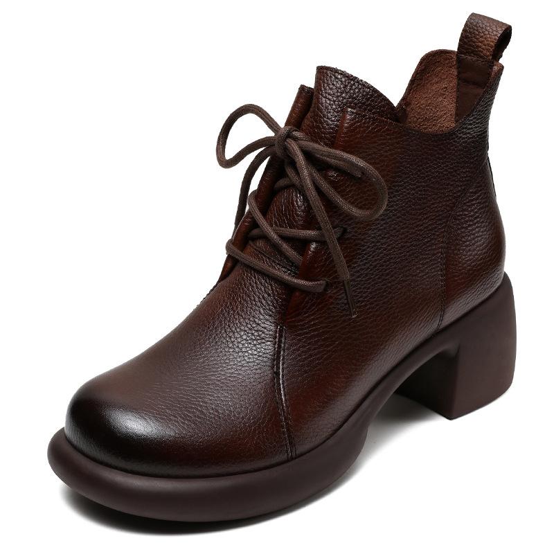 Cowhide Handmade Retro Medium Heel Short Women's Autumn New Lace-up Mother Leather Shoes Genuine Leather Martin Single