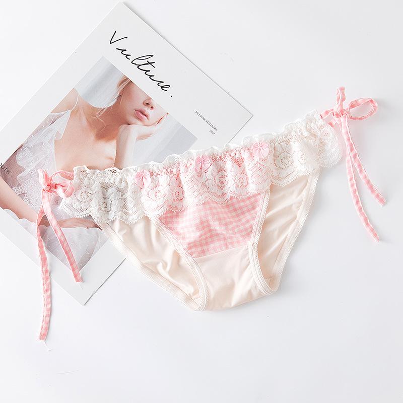 Checkered Lace Up Panties Lace Low Waist Triangle Women's Panties