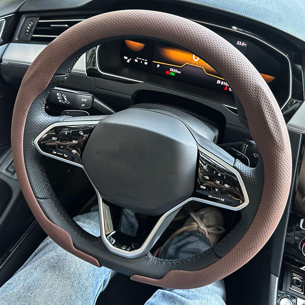 Leather Round Car Steering Wheel Cover Flat-Bottom Breathable Comfortable Feel Steering Wheel Cover D-type Steering Accessories