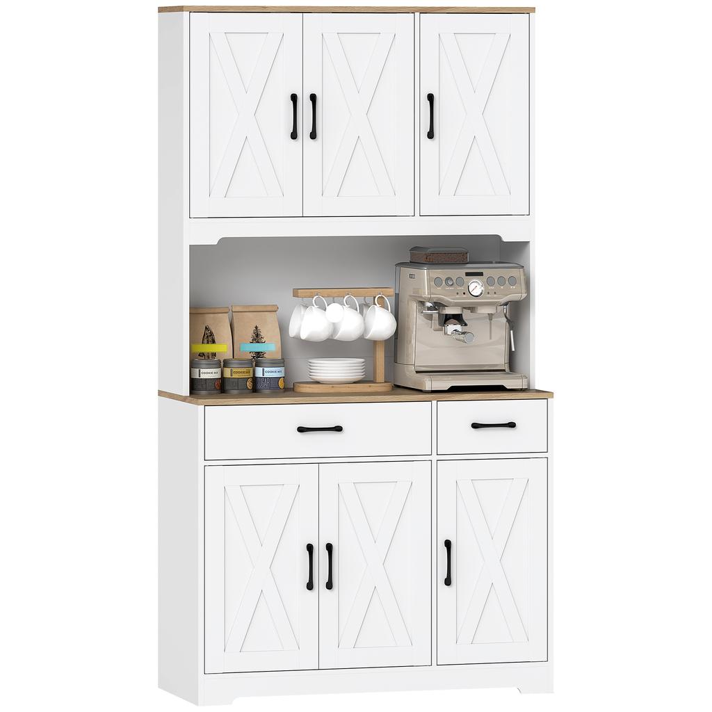 175 cm Tall Kitchen Pantry Cabinet with Microwave Stand, Freestanding Pantry Cupboard, White