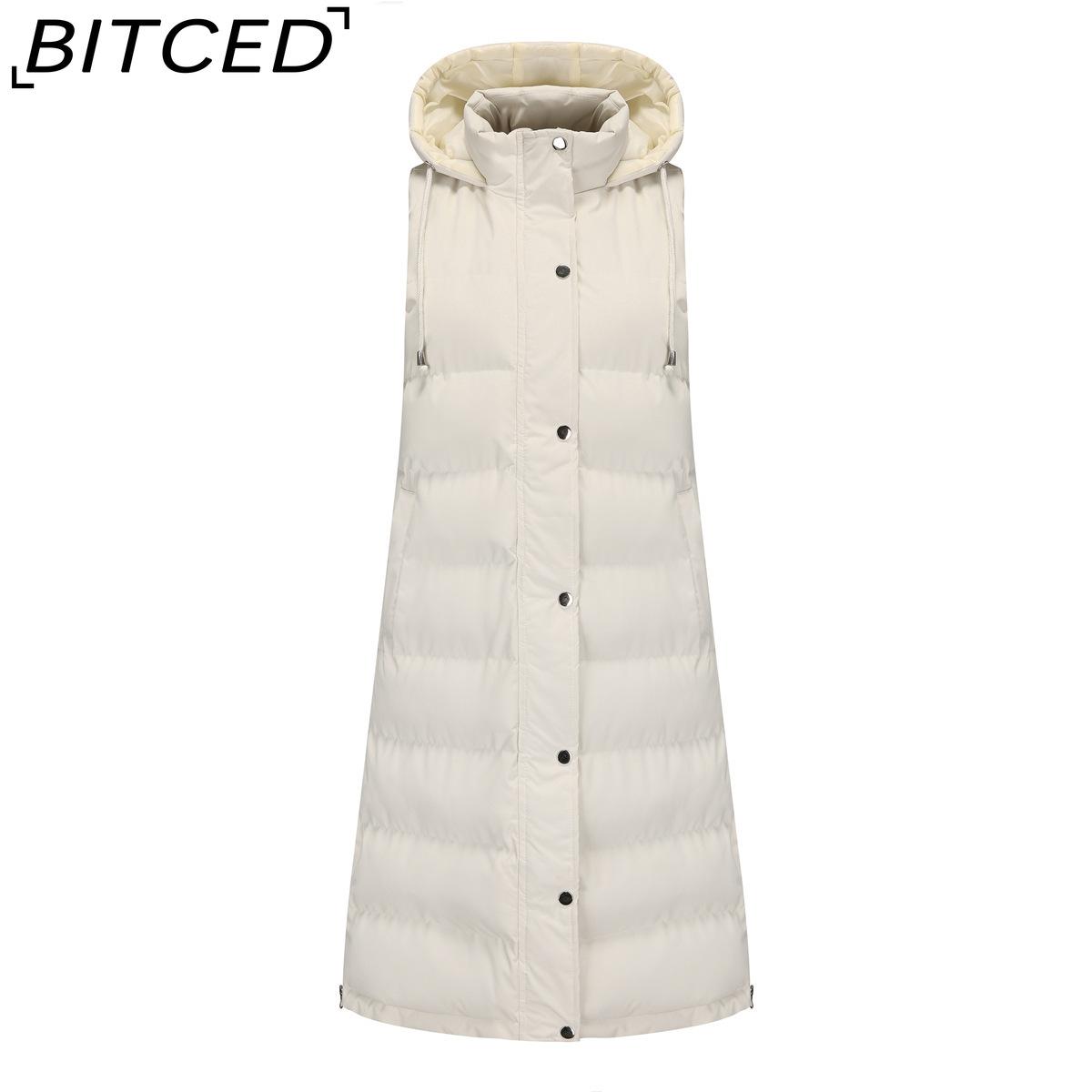 

BITCED Autumn/Winter Women s Hooded Sleeveless Waistcoat Long-Line Solid Colour Zip-Up Quilted Thickened Coat XXXXXL бежевый