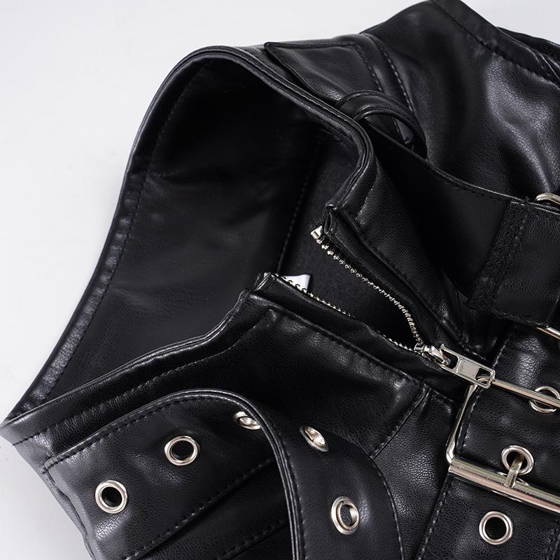 Gothic Punk Dark Style Leather Vest - Metal Decorated Sleeveless Top for Motorcycle & Cool Girl Group