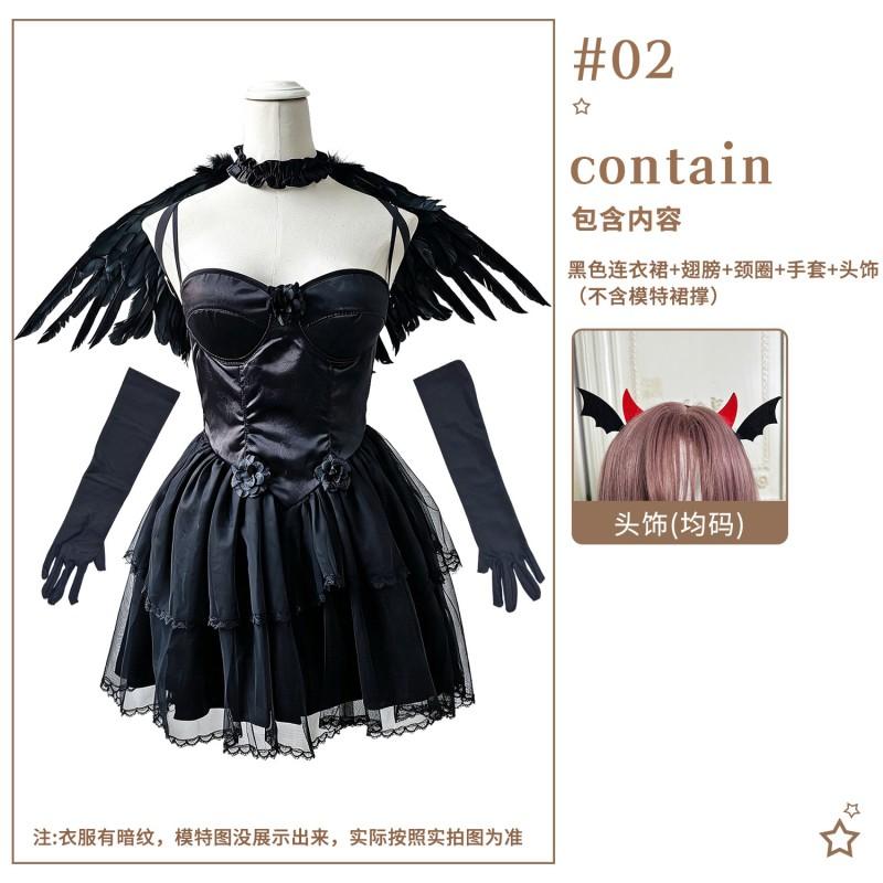 Gothic Angel Devil Halloween Costume Women - Black White Dress With Wings Neckpiece Gloves Headpiece Cross Necklace